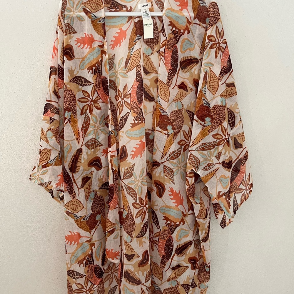 aerie Brown and Cream Leaf-Print Kimono